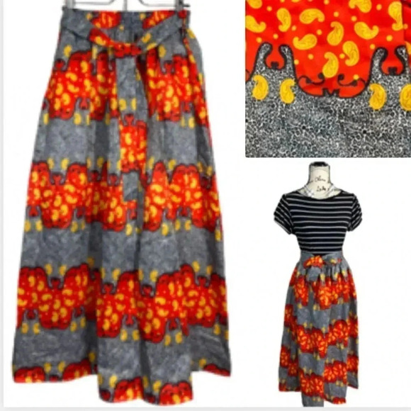 Maxi long SKIRT BLACK RED TELLOW PRINT BELTED SIZE SMALL - Picture 2 of 12